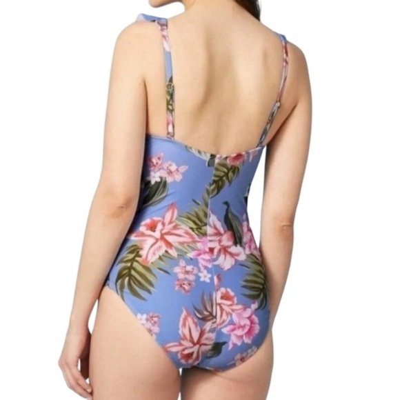 Kona Sol One Piece Blue Tropical Print Ruffle Neck High Coverage Swim Suit S M - Picture 2 of 10